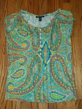 Lauren Ralph Lauren Paisley T-shirt Top- Green Base W/Multicolored Print -Med